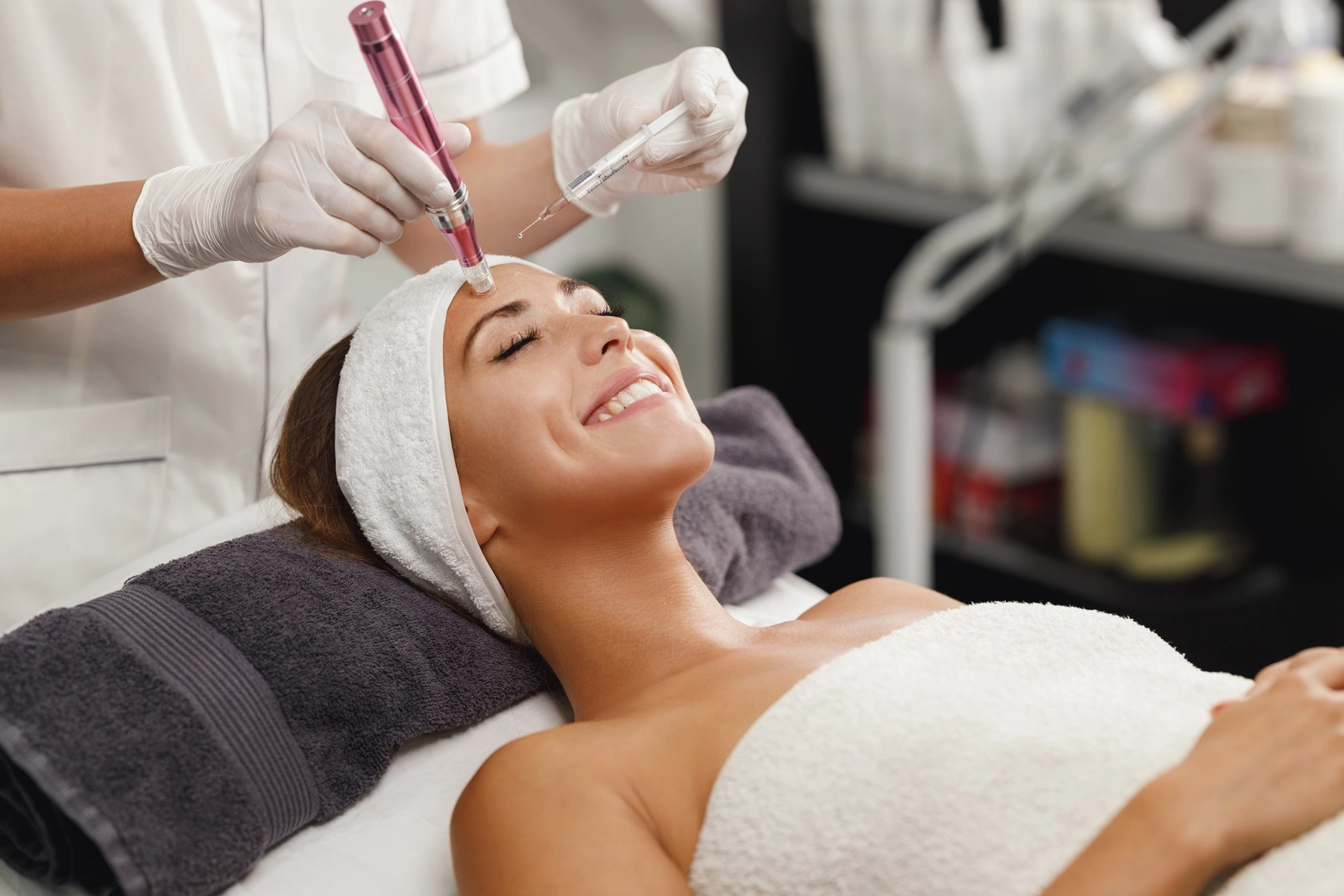 a woman receiving a facial injection